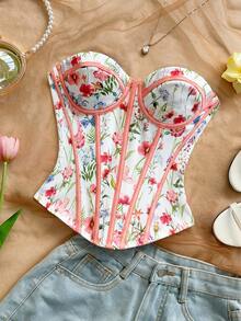 Soleia 女士复古印花撞色露脐上衣，复古抹胸束身衣，适合派对、波西米亚风、度假、秋季穿着 - 彩色 - 查看 3