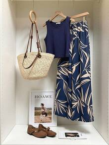 EMERY ROSE 女士休闲度假风修身露脐背心和印花抽绳阔腿裤两件套 - 彩色 - 查看 5