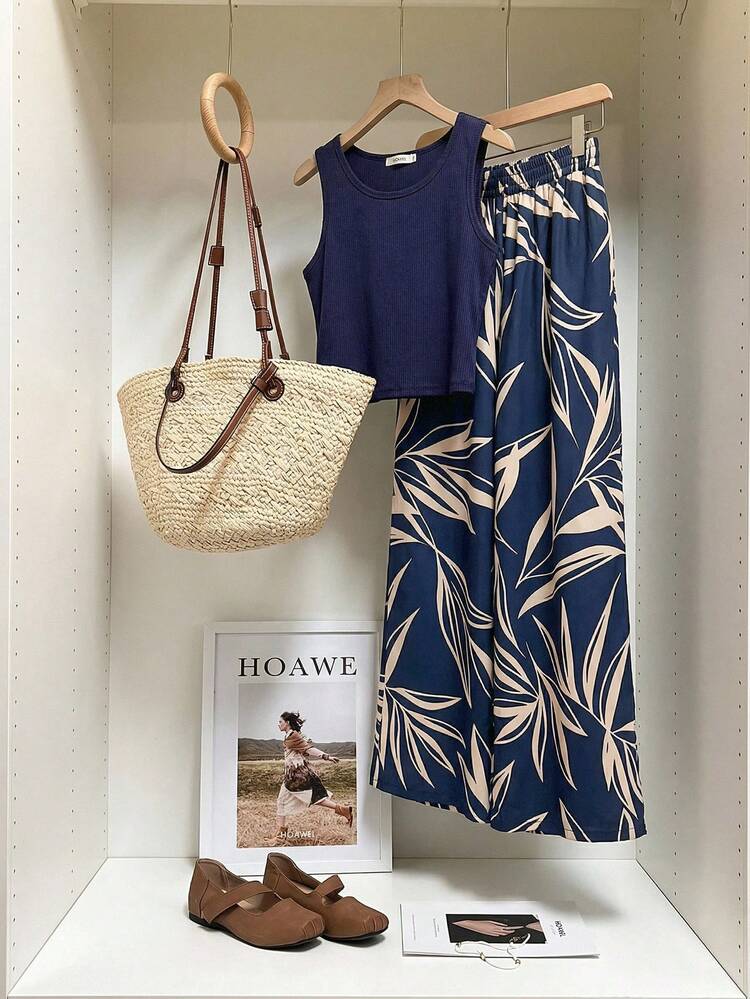 Damen Lässig Urlaubs-Stil figurbetontes kurzes Trägertop und Hose mit weitem Bein und Blume Muster an der Taille, 2-teiliges Set - Verschiedenfarbig - Übersicht 5