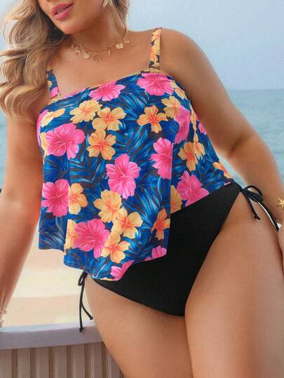 Swim Lushoire Plus Size Women Tropical Plant Print Sexy Casual Tankini Swimsuit 2 Pieces Set
