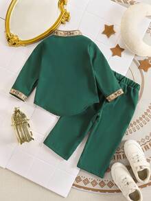 SHEIN Toddler Boys' Middle Eastern Style Traditional Embroidered Long Sleeve Top And Pants Set - Dark Green - View 2