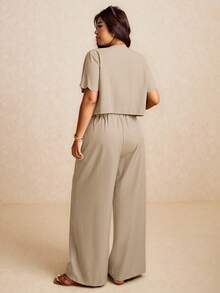 Elaquor Plus Size Women's Solid Color Front Tie Short Sleeve Shirt And Pants Casual 2-Piece Set - Apricot - View 6