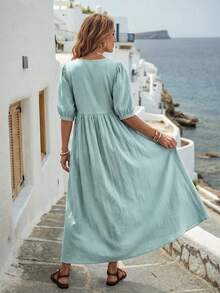 EMERY ROSE Women's Solid Color Simple Short Sleeve Long Dress, Casual Daily Wear Going Out Dress Modest Dress  Old Money Dress Homecoming Dress Vacation Dress  Casual Dresses For Woman  Fall Women Clothes Fall Clothes Autumn Clothes Teacher Outfits For Women Teacher Outfits For Women Teacher Outfits 100 Cotton Dresses Casual Long Dress Cottagecore Dress Smocked Women Dress Puff Sleeve Dress - Mint Green - View 2