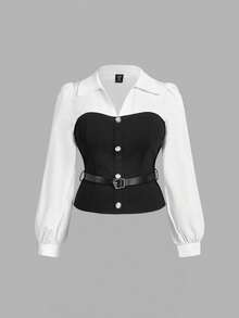 SHEIN MOD Plus Size Black & White Elegant Shirt With Belt Fall - Black and White - View 1