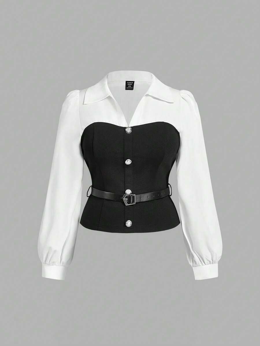 SHEIN MOD Plus Size Black & White Elegant Shirt With Belt Fall - Black and White - View 1