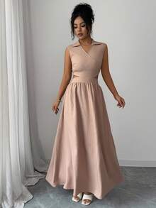 EMERY ROSE Damen Khaki Wellentextur V-Ausschnitt Taillengürtel rückenfreies sexy A-Linien Kleid - Khaki - Übersicht 7