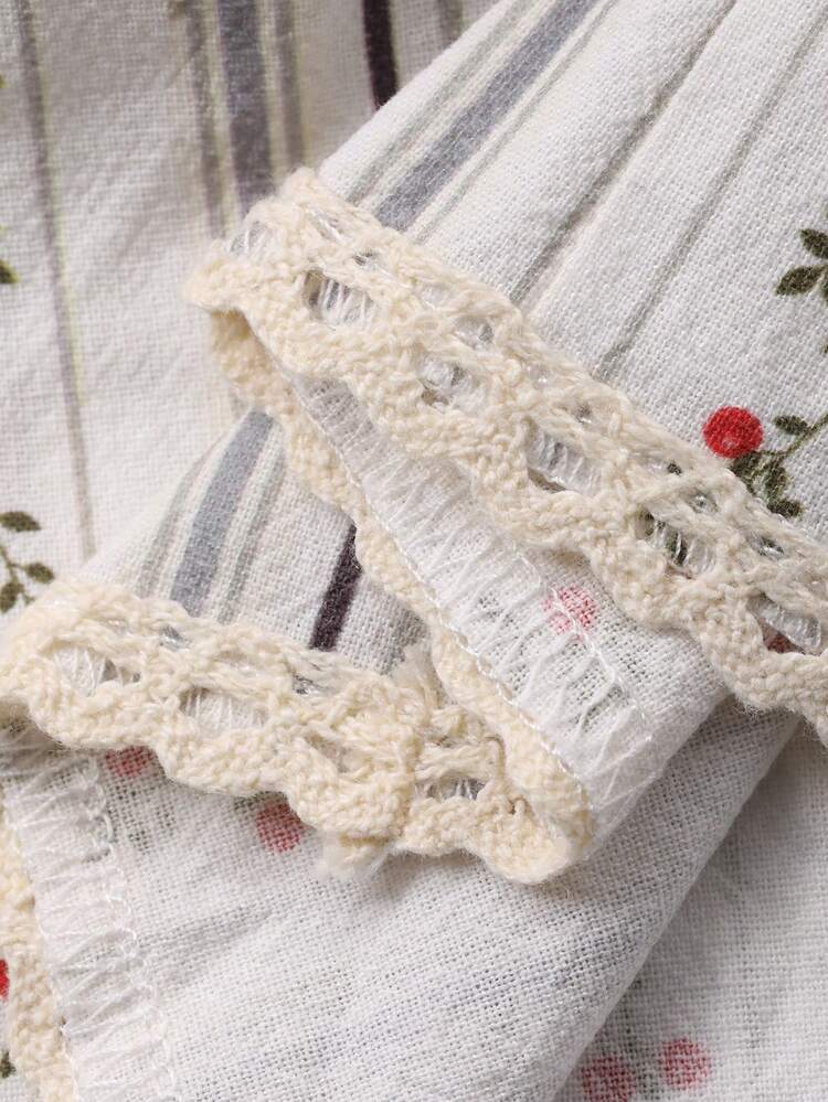 Women's Striped Floral Lace Trim Shorts Pajama Bottom