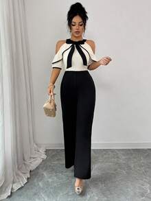 Elenzga 女士优雅撞色露肩短袖蝴蝶结领修身连体裤 - 彩色 - 查看 4
