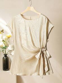 Seusyu Plus Size Elegant Batwing Sleeve Side Tie Top And Pants 2 Pieces Set, Summer - Black - View 3