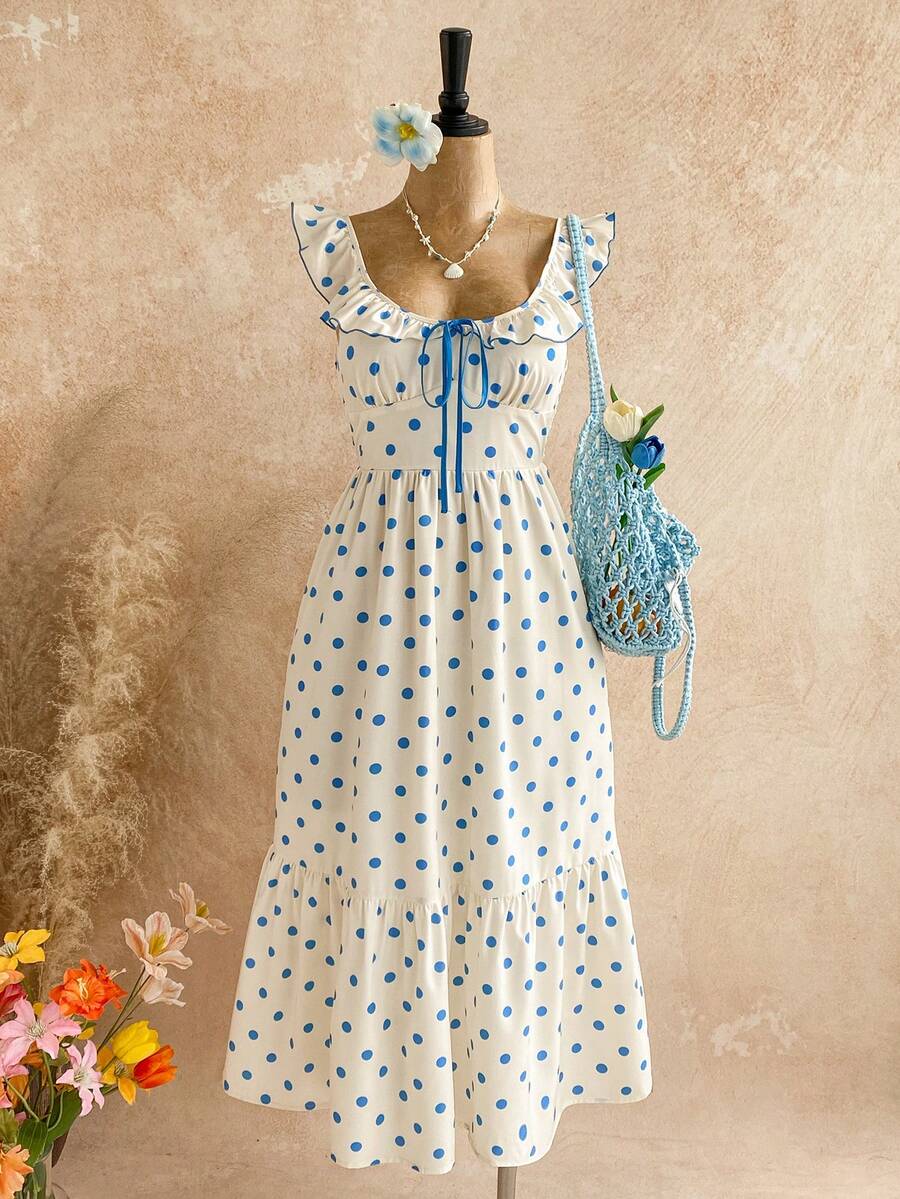 Soleia 春夏新款休闲度假西式海滩婚礼宾客礼服毕业早午餐女装,适合圣帕特里克节、春假、复活节、音乐节、优雅波西米亚热带浪漫情人节派对,泡泡袖,荷叶边下摆,波点图案,露背设计,中长款 - 彩色 - 查看 1