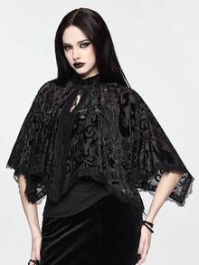 ROMWE Goth 女士复古龙纹植绒立领金属纽扣不对称下摆披肩上衣 - 黑色 - 查看 4