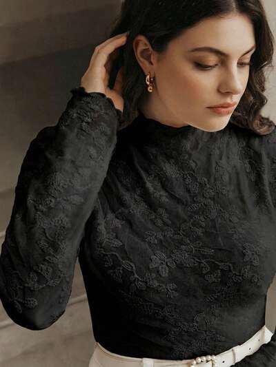 Plus Size Women Mandarin Collar Ruched Lace Blouse, Versatile Long Sleeve White Top