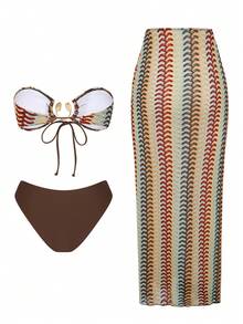 Swim Oasis Summer Beach Vacation Women Bikini Special Fabric Top Metal Shell Accessories With Side Tie Pants, Side Tie Swimwear And Skirt Women Vacation Outfit Sets - Multicolor - View 2