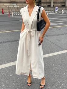 DAZY 女士翻领系腰无袖常规外套 - 米色 - 查看 5