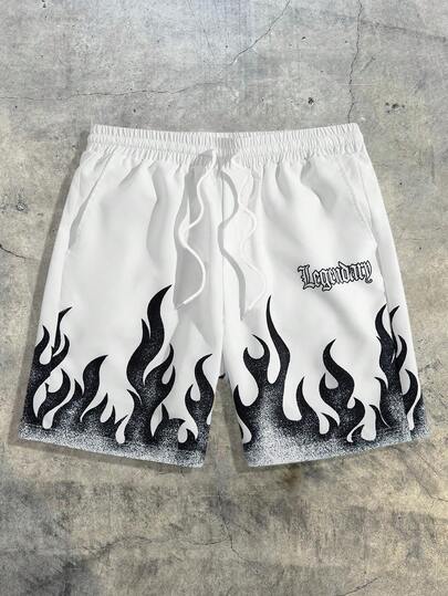EASEVO Men's Flame Print Slant Pocket Drawstring Waist Casual Shorts
