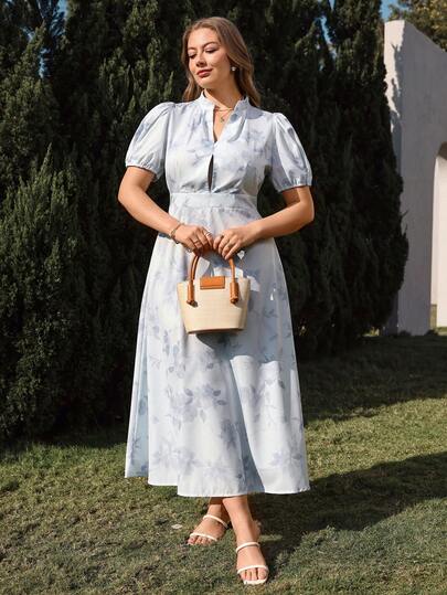 SHEIN Clasi Vestido elegante con estampado floral, cuello en V y mangas abullonadas para mujer talla grande, primavera/verano