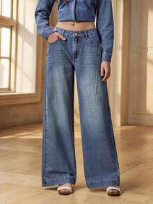 Selenza Quần jeans ống rộng nữ có túi và cúc, kiểu dáng thường ngày, đa năng. - Màu xanh lam - Xem 3
