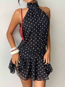 Aloruh Women's Halter Backless Tie Bow Polka Dot Chiffon Mini Dress, Black & White - Black and White - View 2