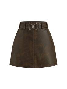 Ellevyn Decorative Button Solid Color Fitted Stylish A-Line PU Mini Skirt - Brown - View 6