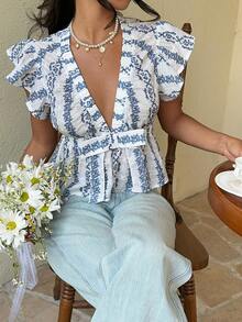 Serisse Women's Frenchy Fashion Casual Summer Blue And White  Floral Print  Cottagecore Floral Plunge Deep V-Neck Flutter Sleeve Babydoll Top Bow Front Flutter Sleeve Peplum Top,Summer Blue Holiday Resort,Boho Blouse Summer ,Vacation,Summer Tops, Suitable For Commuting, Dates, And Casual Everyday Wear,Summer Tops Women,Casual Blouses For Women ,Summer ,Beach , Wedding,Birthday,Going Out, Elegant , Casual - Blue and White - View 9