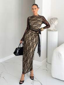 Siren Gaze Women's Elegant New Lace Fitted Flare Sleeve Stand Collar Dress - Black - View 4