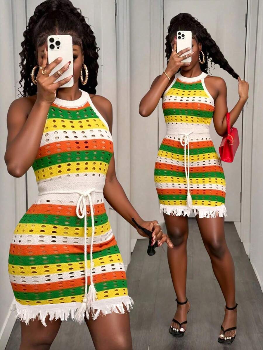 BamGleam 女士彩色镂空露背系带连衣裙，休闲轻盈针织连衣裙，适合度假和运动 - 彩色 - 查看 1