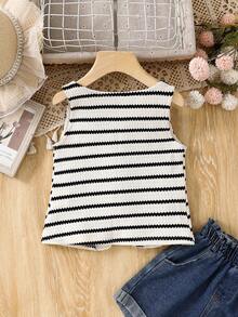 SHEIN Young Girl Striped Crew Neck Sleeveless Cardigan - Black and White - View 2