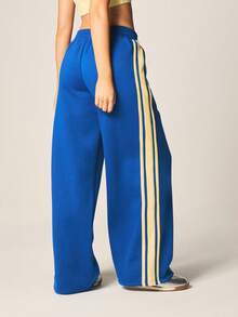 Missguided x Playboy Quần nỉ ống rộng kẻ sọc bên hông, cạp chun, thêu logo thỏ, kiểu dáng rộng rãi thoải mái, dài đến mắt cá chân. - Màu xanh lam - Xem 2