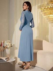 Modelyn Women Elegant Blue Floral Lace Bodice Midi Dress,Spring And Summer Long Sleeve High Neck Party Gown With Butterfly Buckle & Modest A-Line Silhouette - Blue - View 2