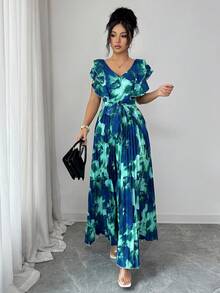 Elenzga Đầm xếp ly dáng suông, cổ chữ V, eo bèo nhún, họa tiết ombre, thích hợp cho mùa Xuân/Hè, dành cho nữ. - Nhiều màu - Xem 4