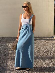 DAZY Women's Casual Versatile Pocket & Slit Design Denim Jumper Dress, Suitable For Dates And Outings - Medium Wash - View 3