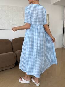 SHEIN 夏季孕妇休闲格子短袖连衣裙 - 藍白色 - 查看 10