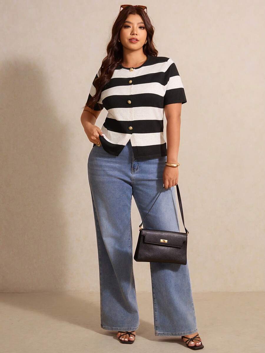 Elaquor 大码女式时尚休闲黑白条纹针织上衣 - 黑與白 - 查看 1