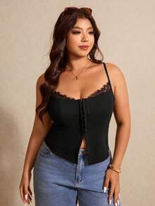 Elaquor 大码女式夏季性感蕾丝拼接吊带背心 - 黑色 - 查看 4