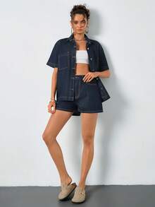 SHEIN Women Denim Shirt And Short Set Oversize Short Sleeve Shirt And Short Summer Denim Two Pieces Set Dark Blue Washed - Dark Wash - View 3