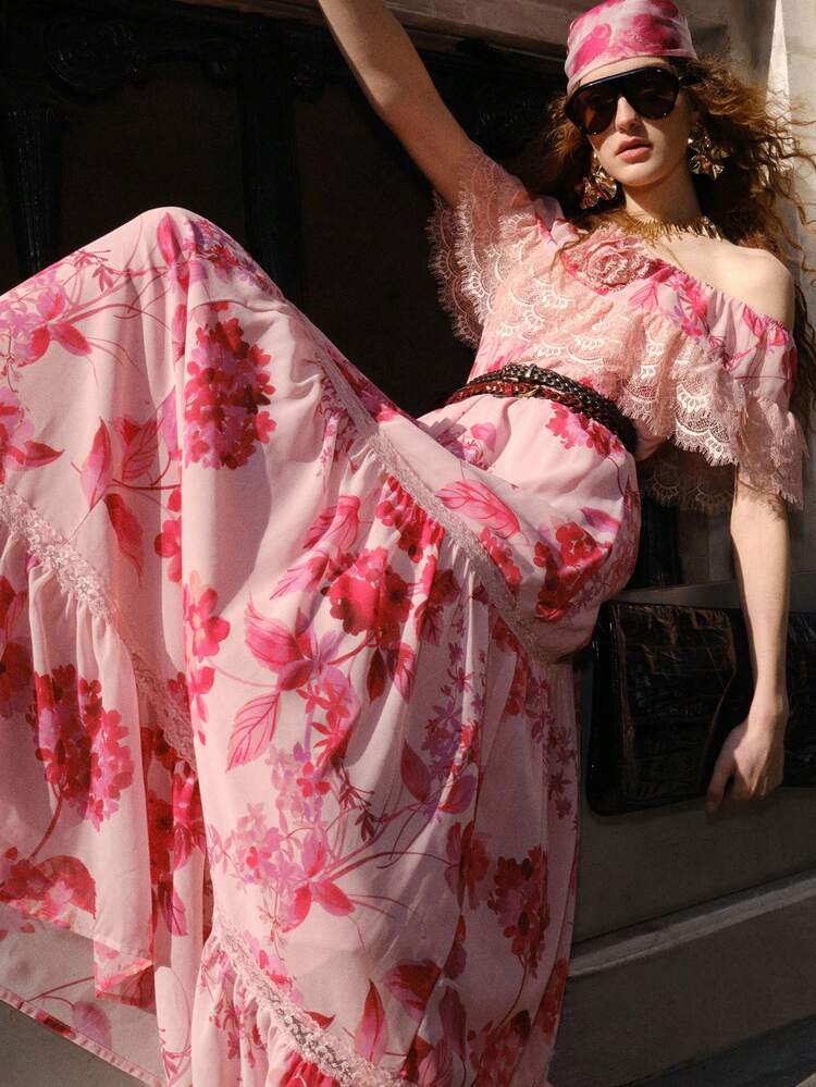 여성 로맨틱 레이스 패치워크 허리 플레어 드레스, 봄/여름