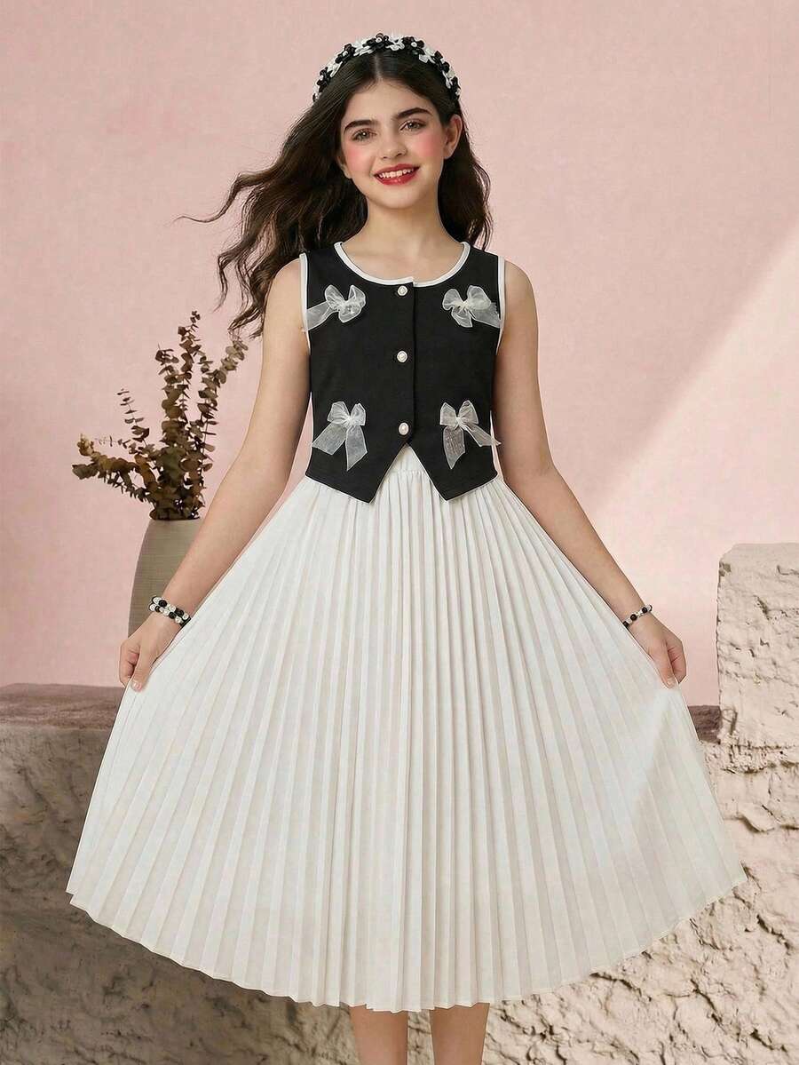 SHEIN 2pcs Tween Girl Colorblock Open Front Vest With Bow Decor And Solid Pleated Skirt Set - Black and White - View 1