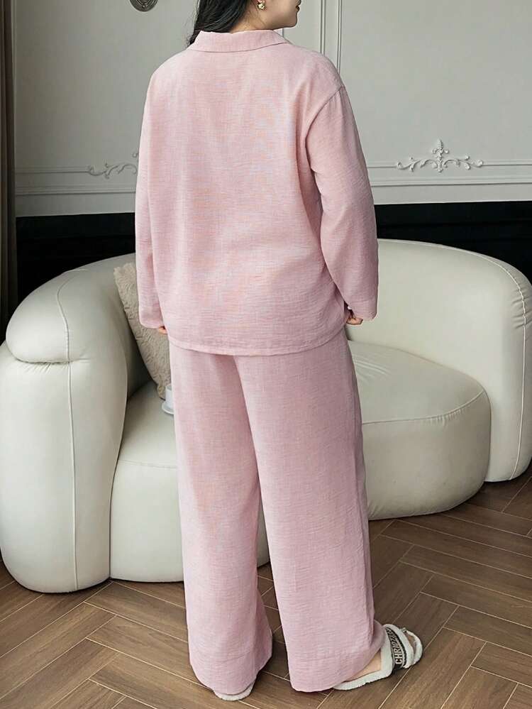 Dazy Plus Plus Size Solid Color Button Front Long Sleeve Top And Pants Pajama Set