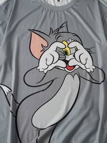 TOM & JERRY X SHEIN Conjunto de pijama de camiseta de manga corta y pantalones cortos con estampado de gato para hombres de talla grande, de verano - Gris - Ver 6