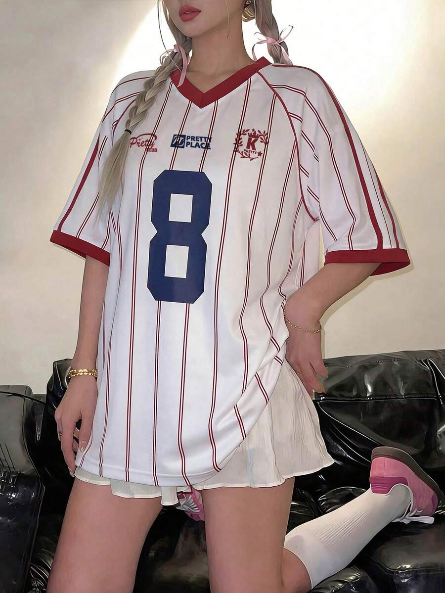 INAWLY 女士红白条纹V领宽松短袖运动芭蕾舞风格篮球球衣T恤 - 紅白色 - 查看 1