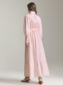 Ontre 2026新款早春粉色褶皱领腰蝴蝶结长裙，适合现代都市派对、返校季、婚礼、都市简约休闲日常穿着、波西米亚风、度假、节日、春季等场合。 - 粉色 - 查看 5