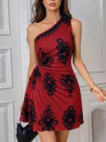 Firerie Vestido mini elegante y bohemio de mujer con estampado, sin mangas, plisado y calado, adecuado para la playa, vacaciones y viajes - Rojo - Ver 6