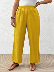 EMERY ROSE Plus Size Women Casual Mustard Yellow Linen Pants,Summer Boho Vacation Holiday Solid Color Elastic Waist Loose Wide Leg Trousers With Side Pockets - Yellow - View 4