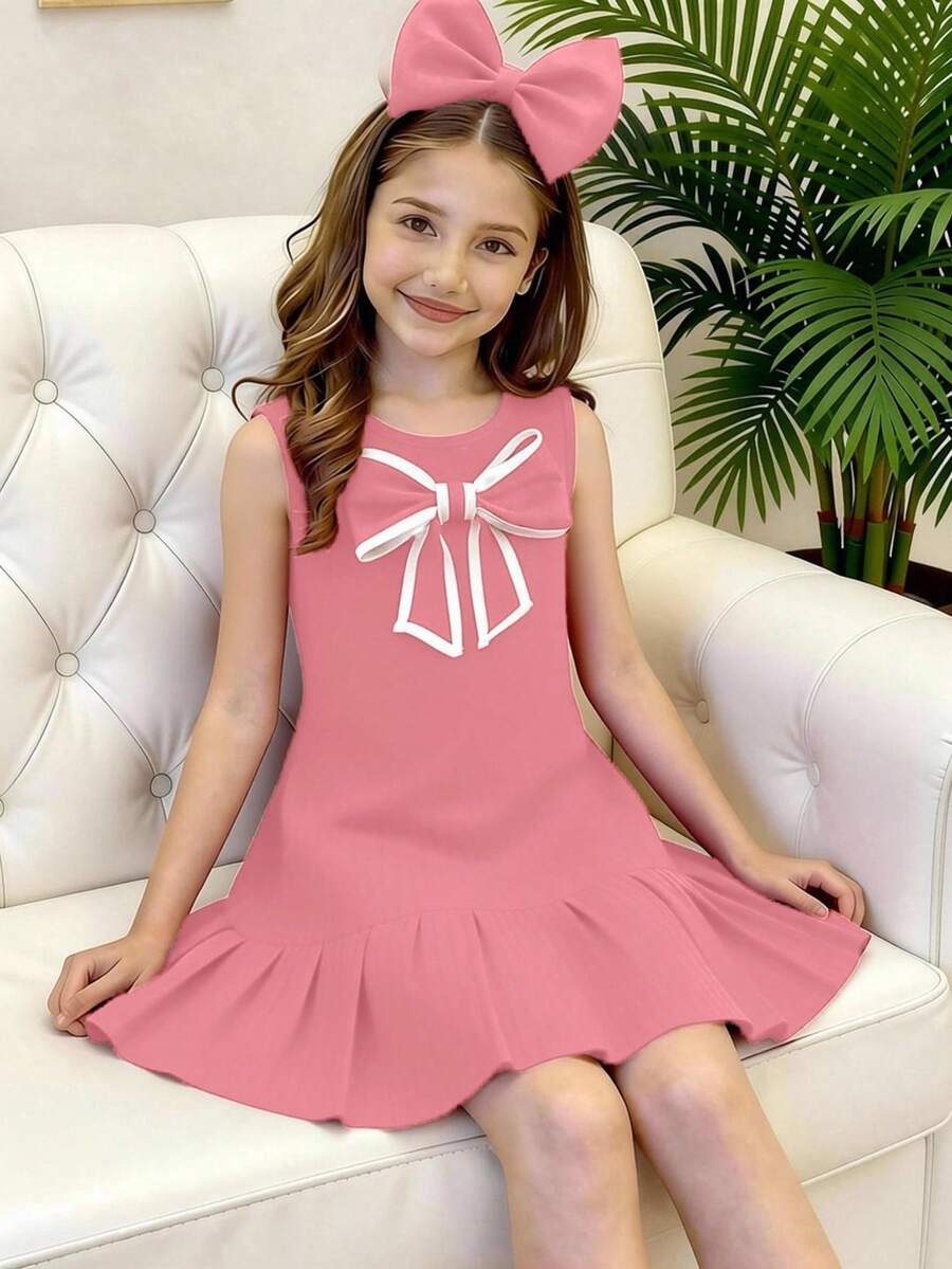 Elladie kids 1 Stück Kleine Mädchenkleid in Rot mit ärmellos, Rüschensaum und großer weißer Schleife, extrem süß, geeignet für wichtige Anlässe, Geburtstagsfeiern, Feste, Bühnenauftritte - Pink - Übersicht 1