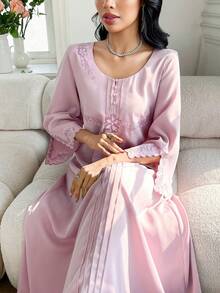 Yasmyna Đầm kiểu Ả Rập dáng rộng, tay hở, thêu hoa thanh lịch dành cho nữ. - Hồng - Xem 1