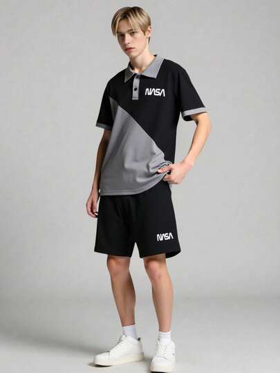 2件套青少年男童休闲撞色Polo衫短裤套装，图案设计，时尚百搭，适合日常通勤