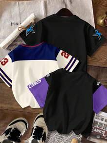 3pcs/Set Young Boys Casual Y2K Style English Letter & Number 23 Sports Retro American Colorblock Short Sleeve T-Shirts, Comfortable For Spring/Summer - Multicolor - View 2