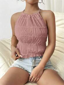 SHEIN 女士纯色荷叶边吊带背心，度假风褶皱吊带粉色夏季上衣，女士背心，褶皱吊带上衣，女士上衣，夏季休闲上衣，优雅 - 藕粉色 - 查看 4
