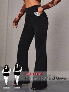 SHEIN Tall CURVE 大码纯色高腰斜插口袋优雅喇叭裤 - 黑色 - 查看 1