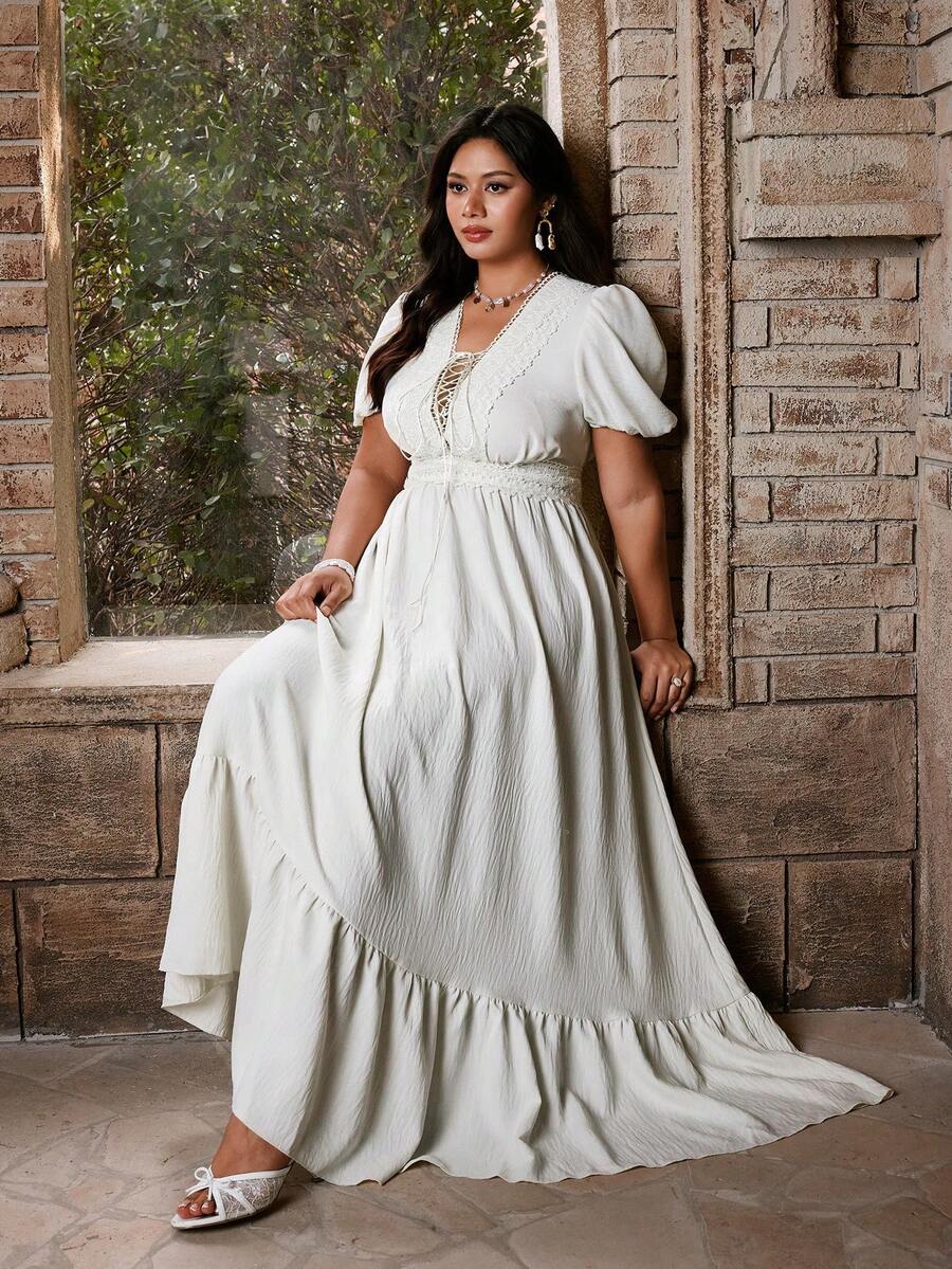 Flirla Plus Size Women's White Summer Boho Vacation V-Neck Drawstring Design Vintage Casual Preppy Punk Style Midi Dress,Regular Short Sleeve Daily Wear - Apricot - View 1